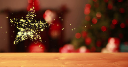 Image of gold christmas star swinging over defocussed flashing fairy lights on tree. Christmas, winter, festivity, tradition and celebration concept digitally generated image.の写真素材