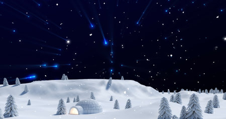 Image of blue lights and christmas snow falling in night sky over winter landscape with igloo....