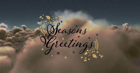 Image of christmas greetings text over clouds and sky. Christmas, festivity, tradition and celebration concept digitally generated image.の写真素材
