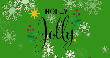 Image of snow falling and holly jolly text at christmas on green background. christmas, tradition and celebration concept digitally generated image.の写真素材