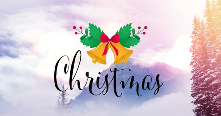 Image of mountains and fir trees over christmas text. christmas, tradition and celebration concept digitally generated image.の写真素材