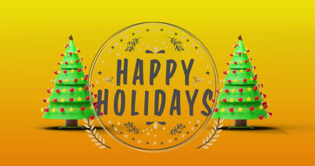Image of christmas greetings text over christmas trees. Christmas, festivity, celebration and tradition concept digitally generated image.の写真素材