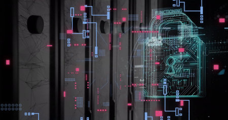 Image of padlock, data processing over computer servers. Global finance, business, connections,...