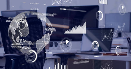 Image of data processing over electronic devices in office. Global artificial intelligence,...