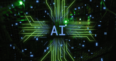 Image of ai text and data processing over circuit board. Global artificial intelligence, connections, computing and data processing concept digitally generated image.の写真素材
