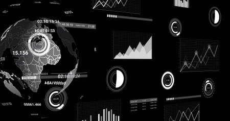 Image of icons and data processing over globe on black background. Global artificial intelligence, connections, computing and data processing concept digitally generated image.の写真素材