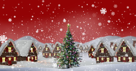 Image of snow falling over winter village with christmas tree. Christmas, tradition, winter and celebration concept digitally generated image.の写真素材