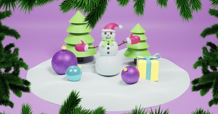 Image of fir tree branches over christmas decorations with snowman on purple background. Christmas,...