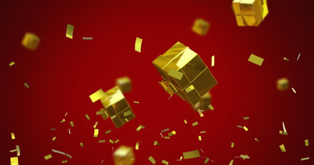 Image of christmas gold presents and confetti falling on red background. Christmas, festivity, celebration and tradition concept digitally generated image.の写真素材