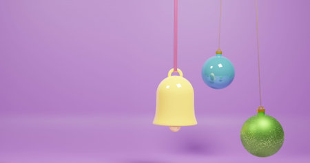 Three colorful ornaments hang against a purple background. Festive decorations evoke the holiday...