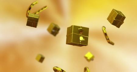 Image of christmas gold candy canes and presents over gold background. Christmas, festivity, celebration and tradition concept digitally generated image.の写真素材