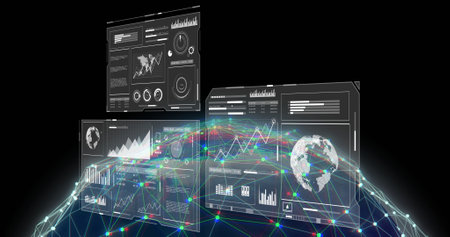 Image of screens and data processing over globe on black background. Global artificial intelligence,...