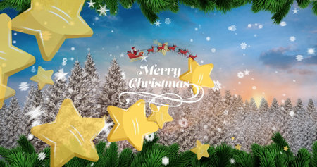 Image of autumn leaves falling over couple holding unk. Christmas winter tradition and celebration concept digitally generated image.の写真素材