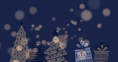 Image of christmas tree pattern over lights and dark background. Christmas, tradition and celebration concept digitally generated image.の写真素材