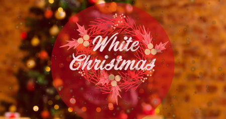 Image of spots of light over white christmas text banner against a decorated christmas tree. Christmas festivity and celebration conceptの写真素材