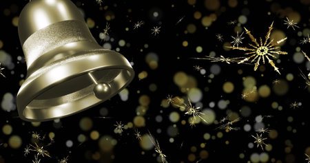 Gold ringing christmas bell over snowflakes and light spots on black background. Christmas, decorations, tradition and celebration digitally generated image.の写真素材