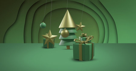 Green and gold baubles swinging over christmas tree and gifts on green background. Christmas, decorations, tradition and celebration digitally generated image.の写真素材