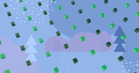 Image of green 3d cube icons in seamless pattern over christmas tree icons on blue background. Christmas festivity and celebration conceptの写真素材