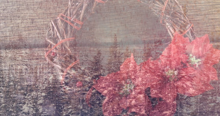 Image of winter scenery over christmas decorations. Christmas, tradition and celebration concept digital generated image.の写真素材