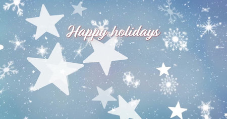 Image of happy holidays text over christmas stars falling on blue background. Christmas, festivity,...
