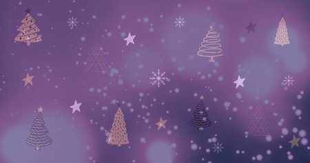 Image of snow falling over christmas trees and stars in winter scenery. christmas, tradition and celebration concept digitally generated image.の写真素材