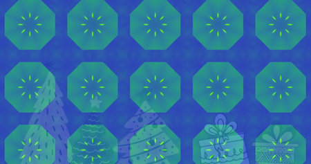 Image of green abstract shapes in seamless pattern over christmas tree and gifts icons. Christmas...