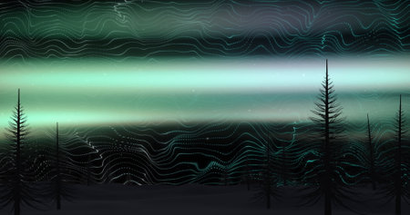 Image of fir trees at christmas over spots. Christmas, celebration and digital interface concept digitally generated image.の写真素材