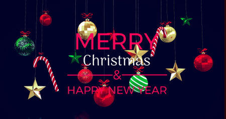 Image of hanging christmas decorations over merry christmas and happy new year text banner....