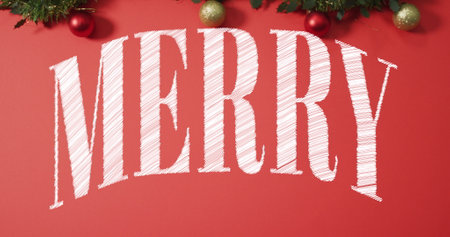 Image of merry christmas text over christmas decorations. Christmas, celebration and digital interface concept digitally generated image.の写真素材