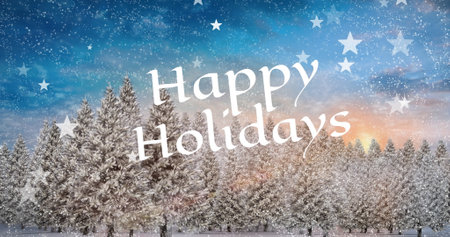 Image of stars falling over happy holiday text banner against winter landscape. Christmas festivity and celebration conceptの写真素材