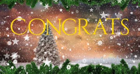 Image of stars and congrats text banner against decorative christmas tree on winter landscape. Christmas festivity and celebration conceptの写真素材