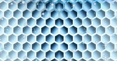 Image of hexagons pattern, moving lens flare and looping snowflakes against blue background....