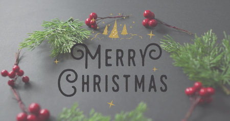This image features christmas decoration sprigs with red berries, with a black background. There is an image of christmas greetings with a christmas tree decoration on a white background. The image ends with a digitally generated image of the christmas tradition and celebration concept.の写真素材