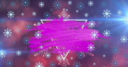 Image of abstract pattern over triangle on large snowflake, lens flare, bokeh effect, snowflakes. Digitally generated, hologram, christmas festivity, tradition and winter holiday concept.の写真素材