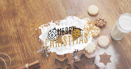 Image of christmas greetings text over christmas cookies and decorations. Christmas, festivity, celebration and tradition concept digitally generated image.の写真素材