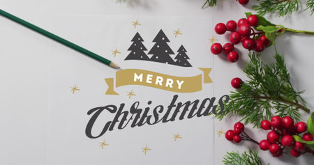 This image clip shows red berry christmas decorations with a white card and copy space on a white...
