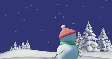 Image of christmas snow man moving over snow falling on purple background. Christmas, tradition and celebration concept digitally generated image.の写真素材