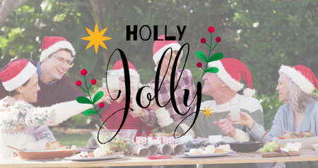 Image of christmas greetings text over decorations and caucasian family in santa hats at table. Christmas, festivity, celebration and tradition concept digitally generated image.の写真素材