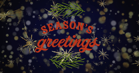 Image of christmas greetings text over snow falling on black background. Christmas tradition, celebration and festivity concept digitally generated image.の写真素材
