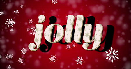Image of christmas jolly text over snow falling on red background. Christmas tradition, celebration and festivity concept digitally generated image.の写真素材