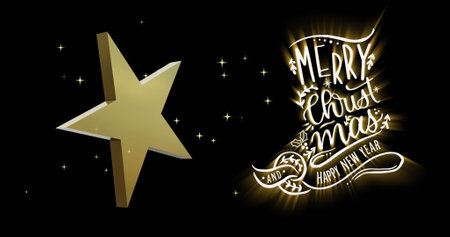 Merry christmas and happy new year text with rotating gold star on black background. Christmas, new...