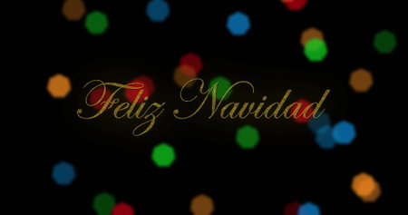 Image of feliz navidad and multicolored lens flares over black background. Digitally generated, hologram, illustration, christmas, holiday, festival, spanish christmas and celebration concept.の写真素材