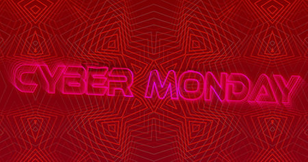 Image of cyber monday text over shapes on red background. Communication, social media, shapes and digital interface concept digitally generated image.の写真素材