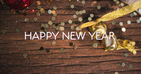 Image of happy new year text over snow falling and christmas decorations. New year, new year&#39;s eve, festivity, celebration and tradition concept digitally generated image.の写真素材