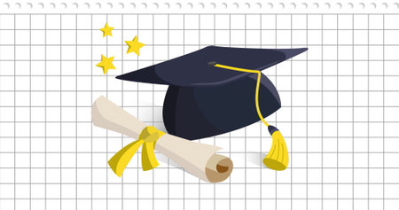 Image of gold stars, mortarboard and diploma scroll over squared white notebook page. Graduation, school, education, study, learning, success and communication, digitally generated image.の写真素材