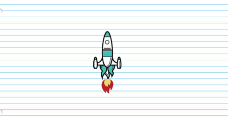 Image of blue and white spaceship ascending on blue lined notebook page. Science, exploration, space, travel, school, education, study, learning and communication, digitally generated image.の写真素材