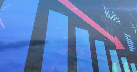 Image of downward red arrow and graphs processing data over landscape. Data, digital interface, business, decline, connection, processing and global communication, digitally generated image.の写真素材