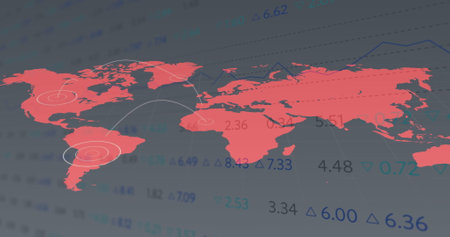 Image of statistics and data processing over world map on dark background. Global finance, business, connections, computing and data processing concept digitally generated image.の写真素材