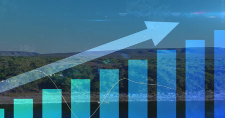 Image of upward arrow and graphs processing data over sky and landscape. Data, digital interface,...