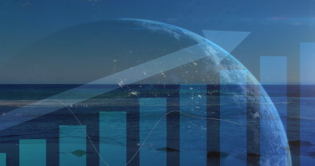 Image of upward arrow and graphs processing data over globe and landscape. Data, digital interface, business, growth, connection, processing and global communication, digitally generated image.の写真素材